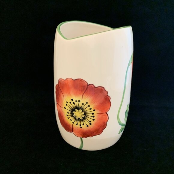 Poppies by Clay Art Hand Painted Oval Vase 7" 2001 Utensil Holder Pottery Vtg - Picture 4 of 12